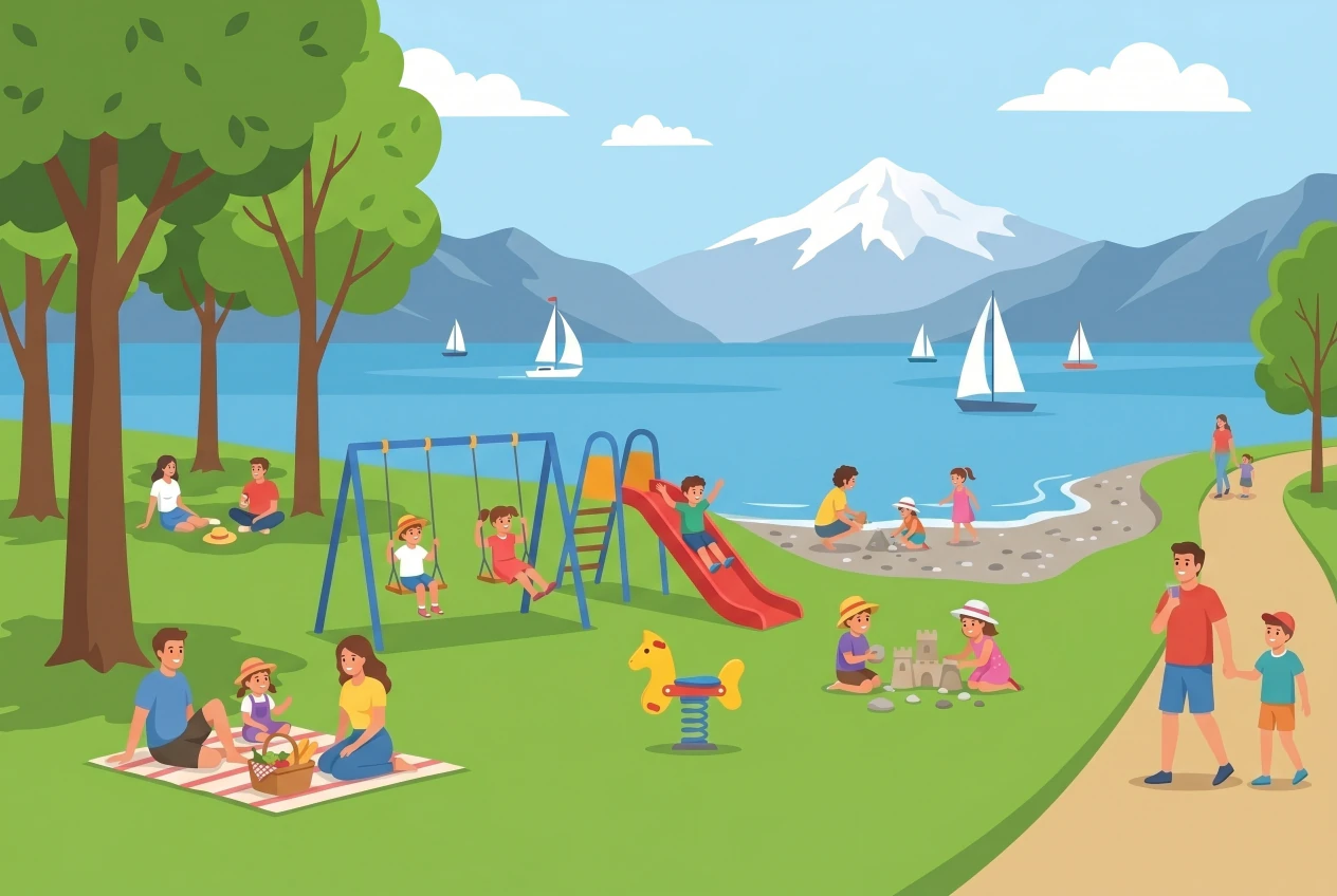 Illustration of La Cure d'Air beach in Morges by Lake Geneva, grass and sailboats