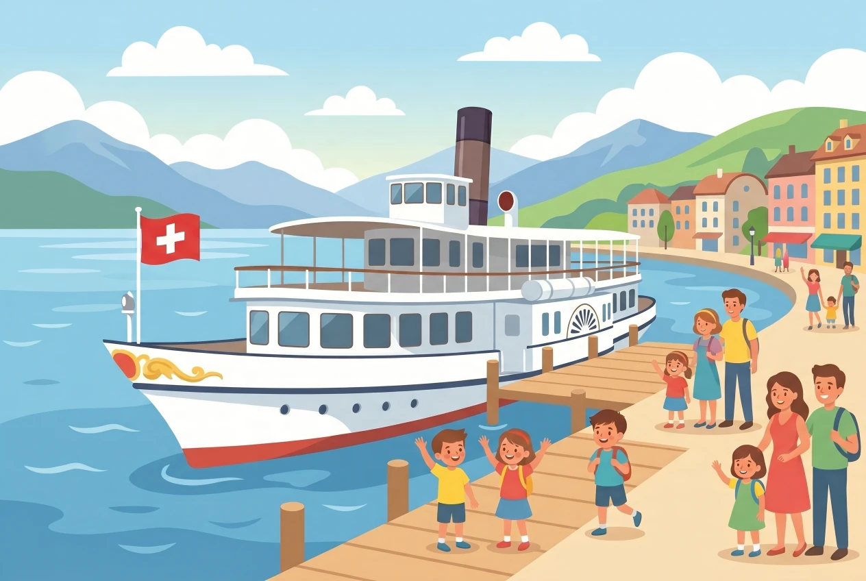 Illustration de la promenade du lac et du débarcadère CGN de Coppet : bateau CGN blanc de style Belle Époque à quai avec drapeau suisse, promenade au bord du Léman et vieux bourg en arrière-plan, familles qui saluent depuis le ponton.