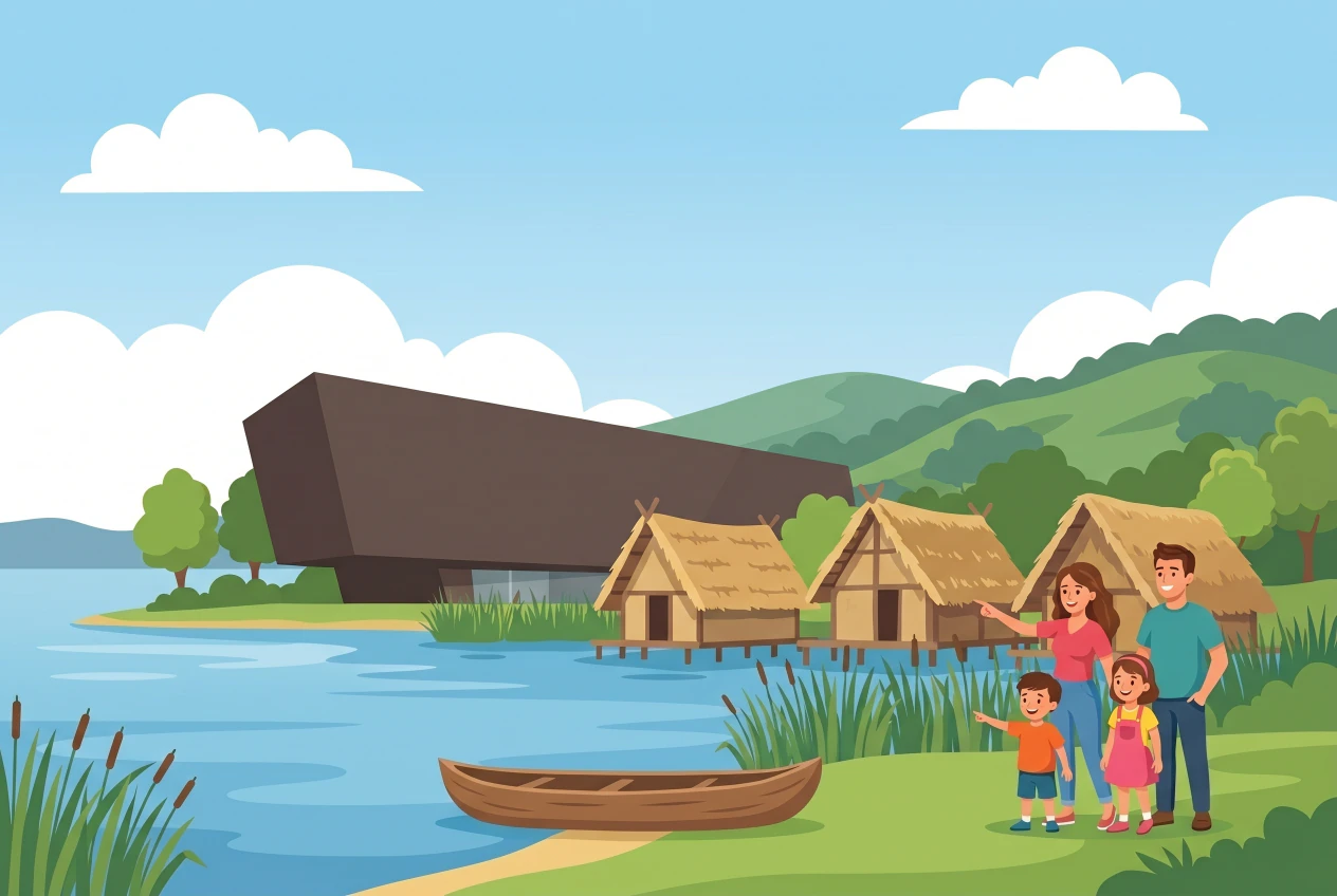 Illustration du Laténium à Hauterive : le bâtiment moderne du musée d'archéologie au bord du lac de Neuchâtel, avec des huttes lacustres préhistoriques reconstituées sur la rive, une pirogue en bois et une famille en visite.