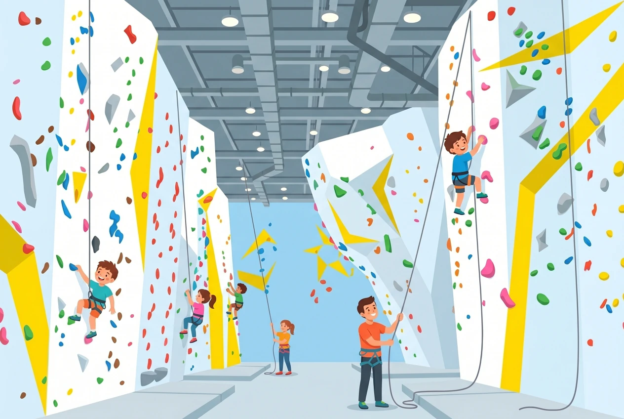 Illustration de la salle d'escalade Grimper.ch à Villeneuve : hauts murs blancs couverts de prises colorées et de volumes jaunes, enfants encordés qui grimpent et un parent qui assure