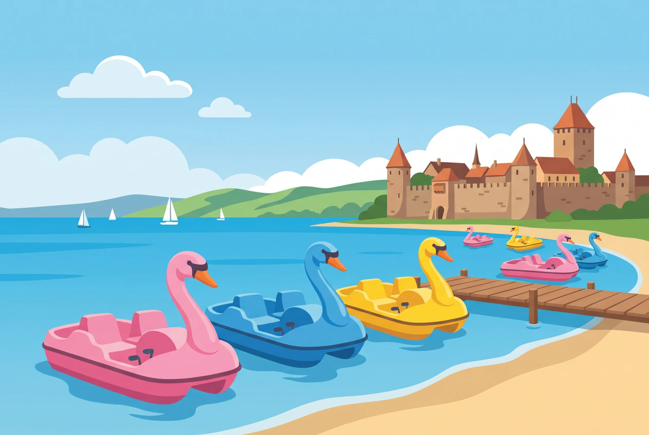 Illustration de pédalos colorés à Estavayer-le-Lac, au pied de la cité médiévale, lac de Neuchâtel