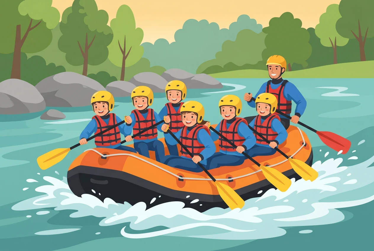 Illustration plate d'enfants en casque jaune et gilet de sauvetage pagayant dans un raft orange sur les rapides de l'Arve a Veyrier, pres de Geneve