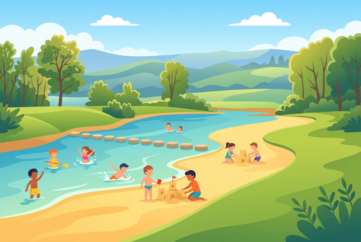 Illustration de la Plage de la Plaine à Dardagny : plage de sable au bord du Rhône, bassins de baignade naturels turquoise reliés par des pierres de gué, pelouses vertes et collines du Jura, avec des enfants qui se baignent et jouent dans le sable.