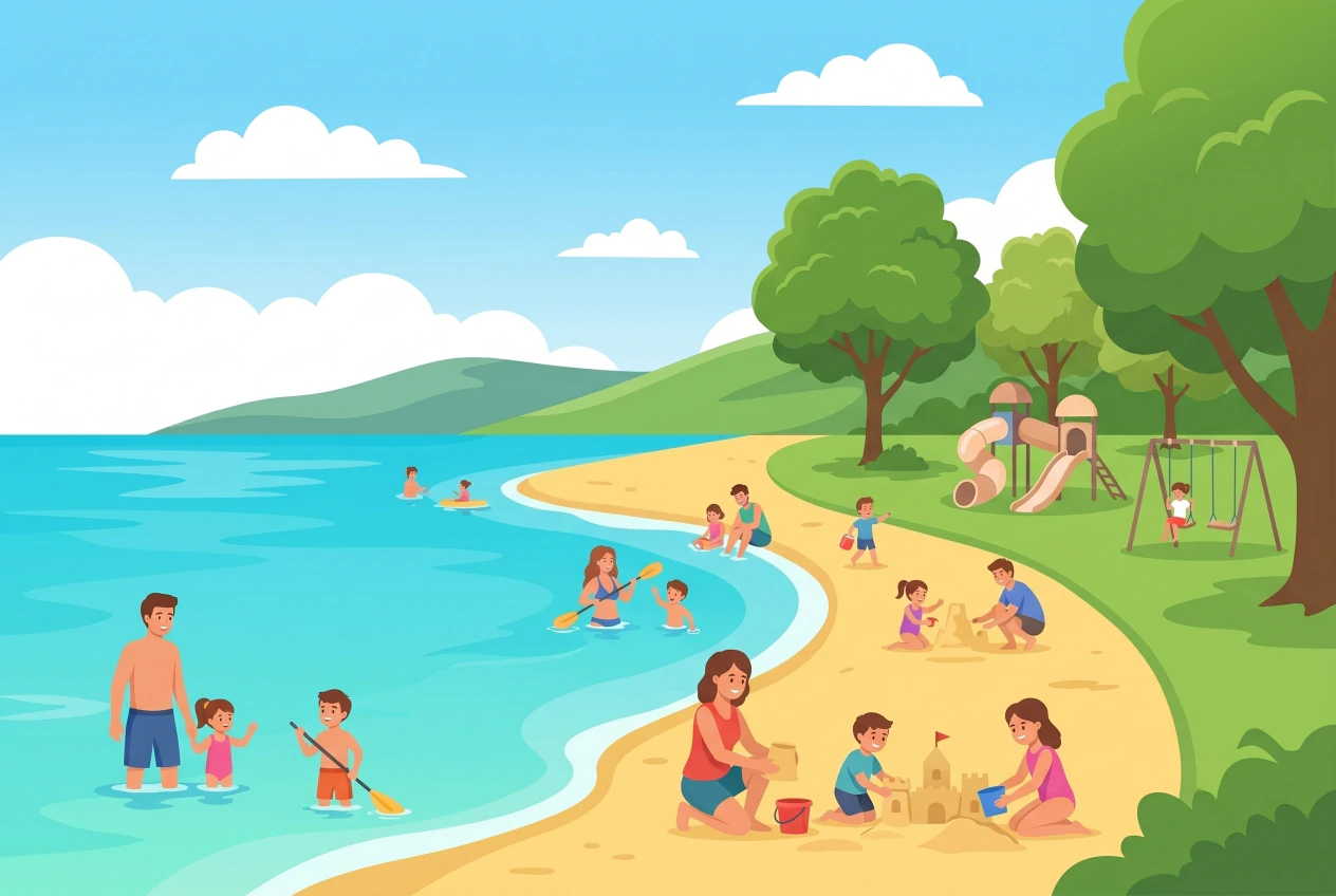 Illustration de la plage de La Tène à Marin : grande plage de sable au bord du lac de Neuchâtel, enfants qui barbotent et font des châteaux, place de jeux.