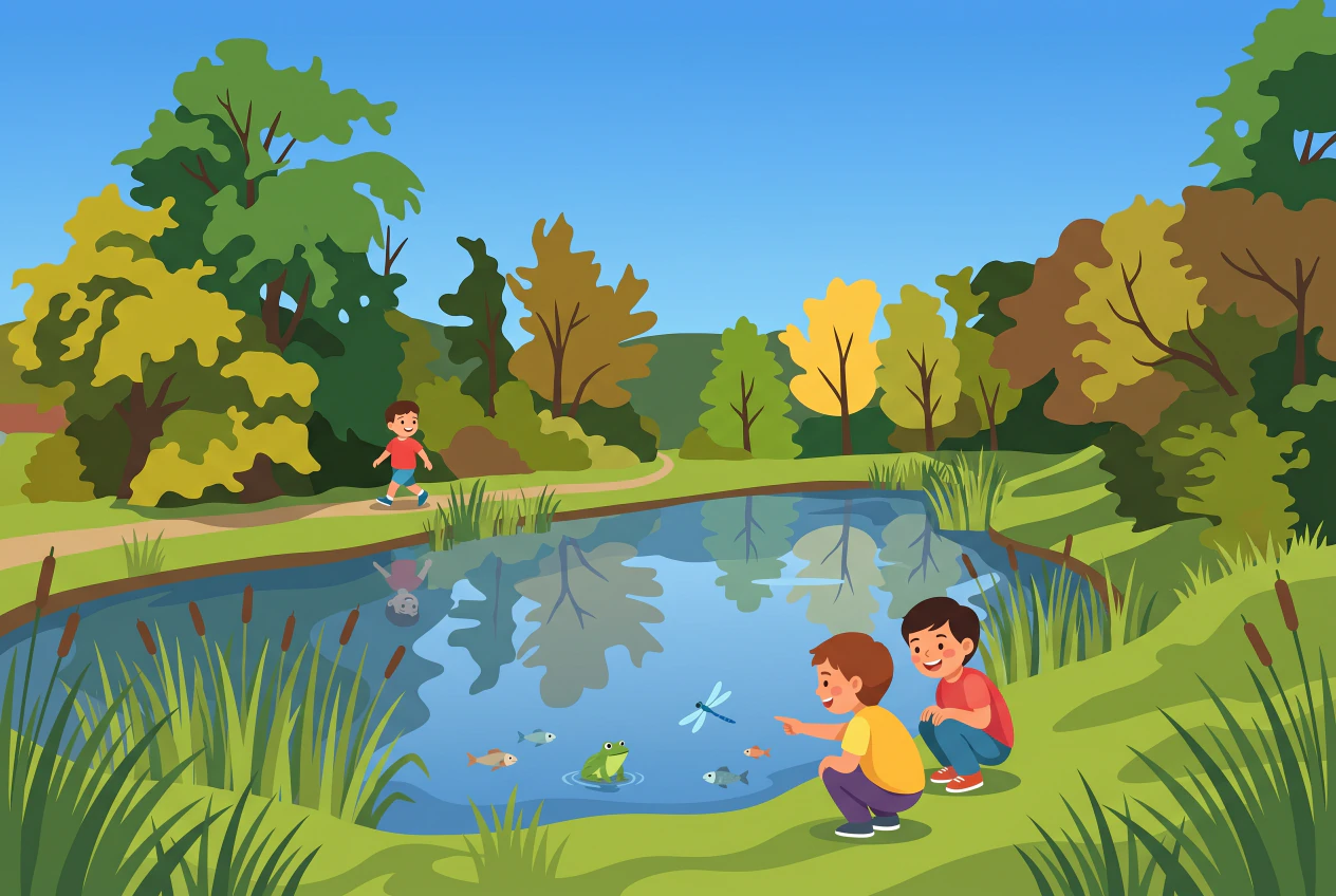 Illustration plate de l'étang de la Touvière à Avully : un petit étang calme bordé de roseaux et d'herbes hautes, entouré d'arbres, avec des enfants au bord de l'eau observant poissons, grenouille et libellule, et un sentier longeant la berge.