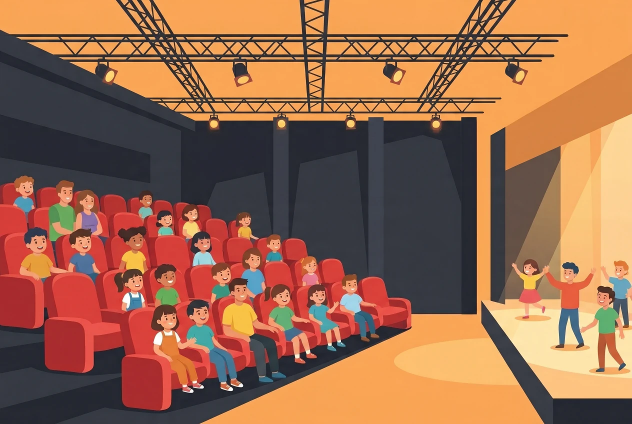 Illustration of the performance hall at the Usine à Gaz in Nyon: rows of red seats and a stage where children are watching a children's show.