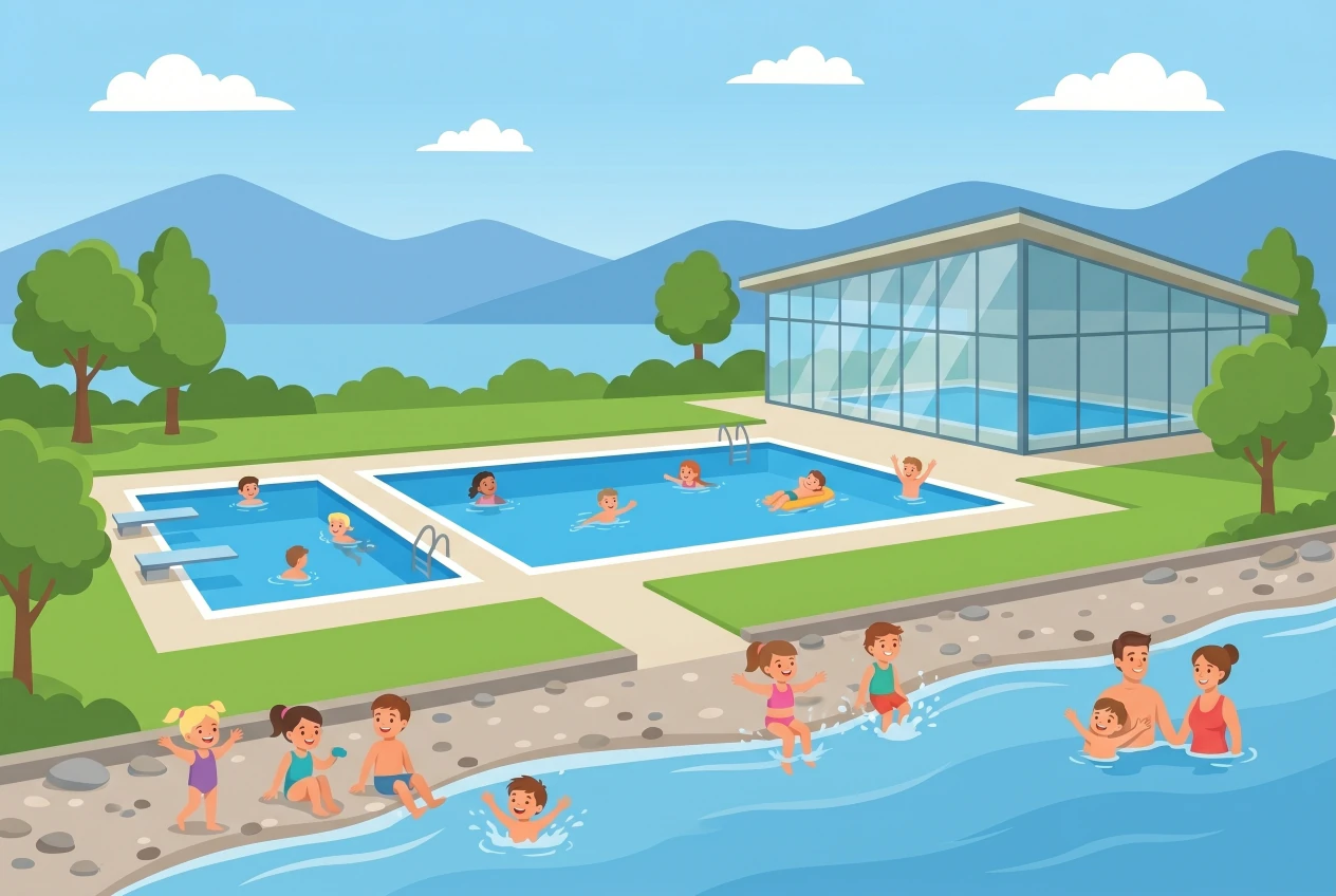 Illustration of the Nid-du-Cro Pools in Neuchatel: outdoor pools and glass building by the lake, children and families swimming and playing in the sun on the pebble beach.