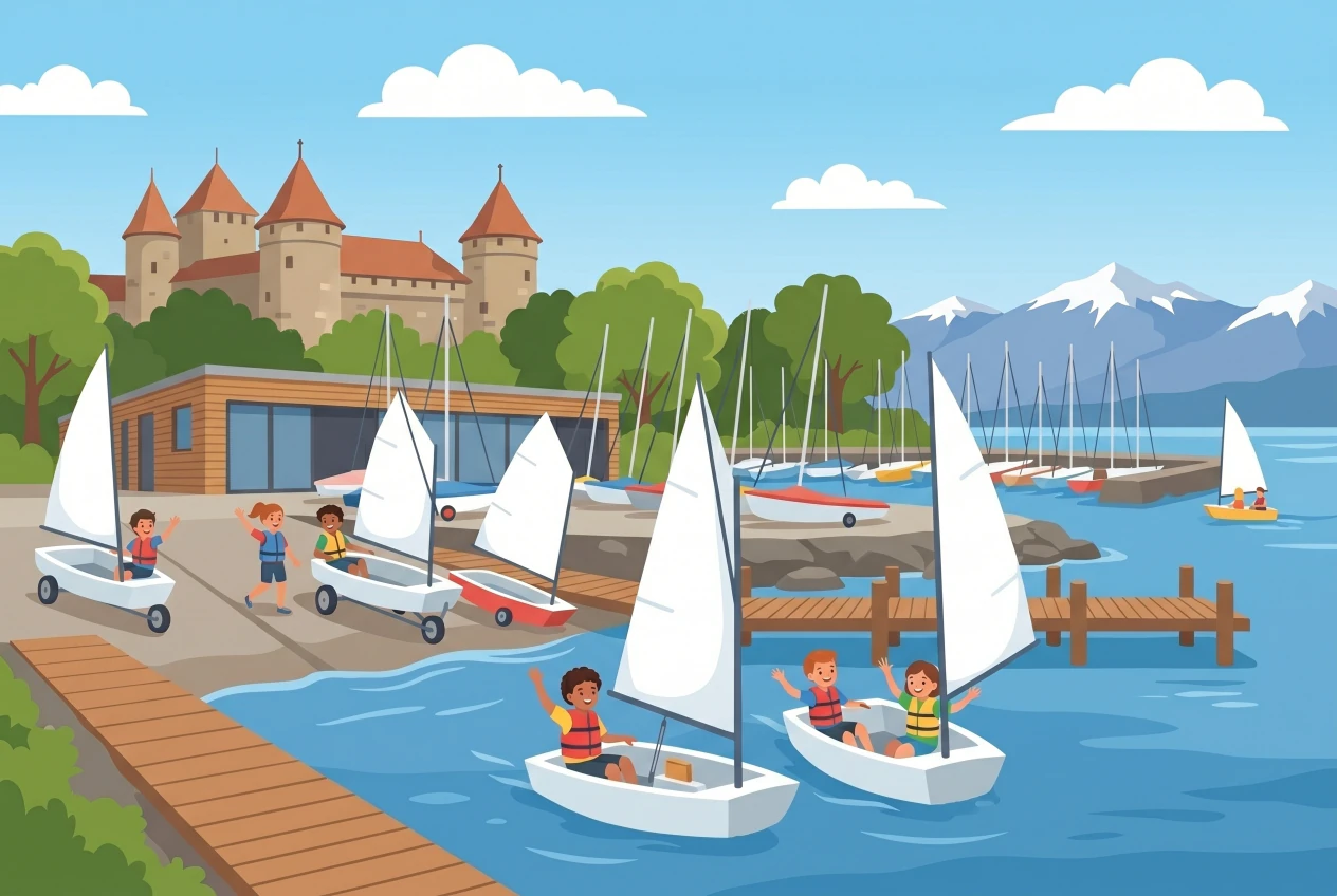 Illustration du Club Nautique Morgien : enfants en gilets de sauvetage sur des Optimists à voile blanche, rampe de mise à l'eau et château de Morges en arrière-plan au bord du Léman.