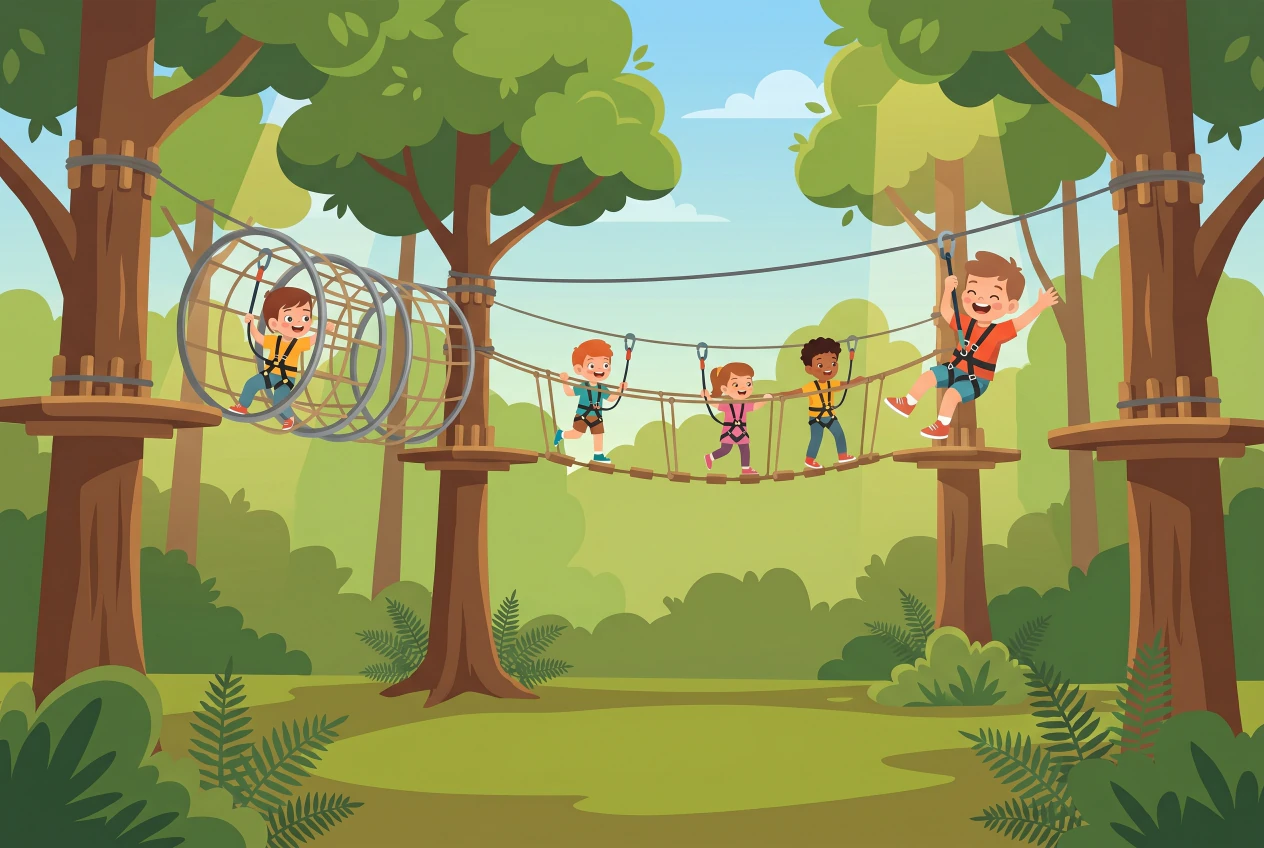 Illustration plate du Parc Aventure Genève à Onex : parcours d'accrobranche en forêt avec enfants harnachés grimpant dans un tunnel de filet et de cerceaux, traversant un pont de singe suspendu et s'élançant sur une tyrolienne entre les arbres.