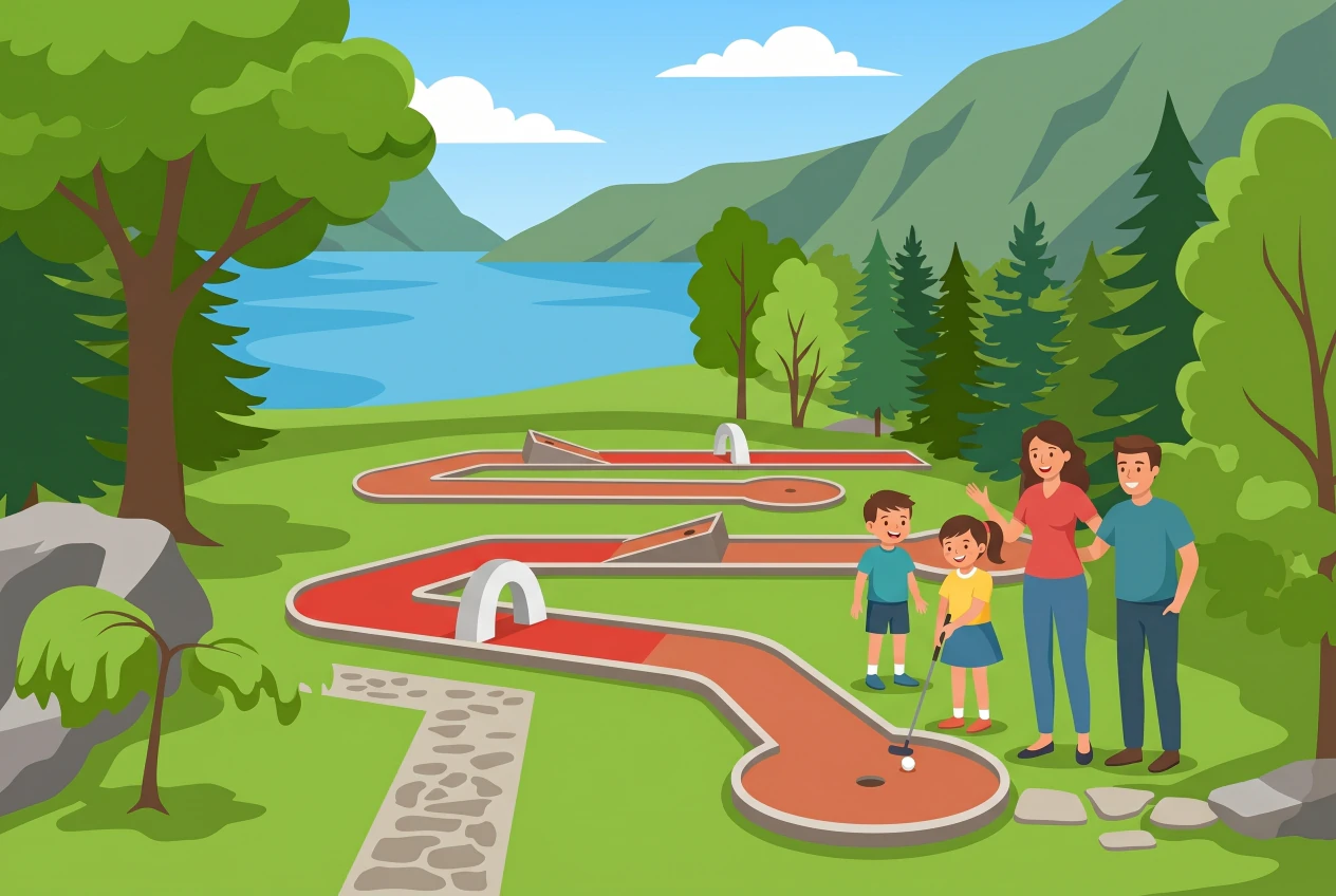 Illustration du minigolf de l'Ouchettaz à Villeneuve : parcours aux pistes rouges sinueuses sous les arbres, au bord du lac Léman avec les montagnes, une famille jouant au minigolf