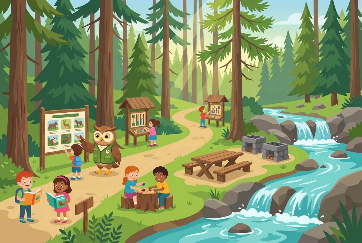 Illustration plate de sentier didactique de la foret a Grimentz, enfants aux stations en bois avec une chouette