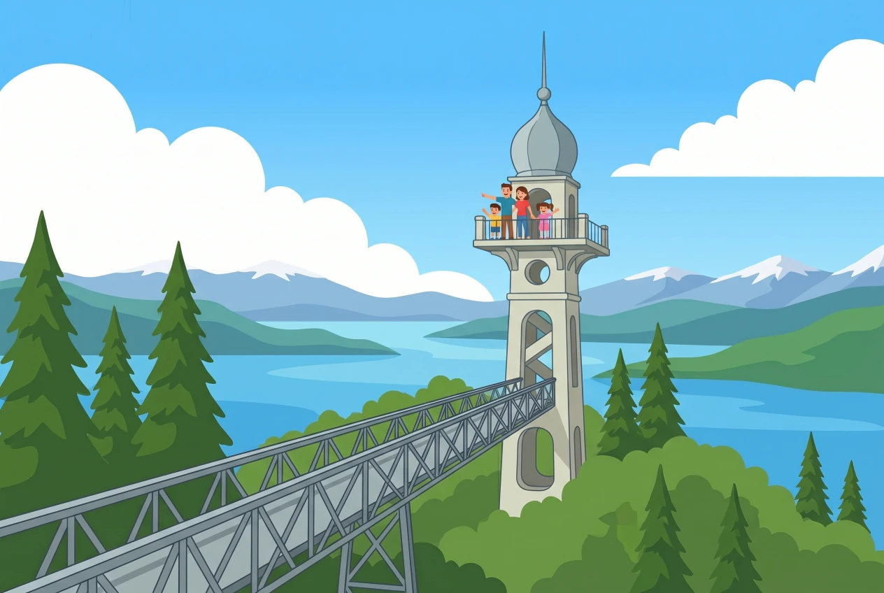 Illustration of the panoramic tower of Chaumont overlooking Neuchâtel: a family admires the view of the Three Lakes and the Alps from the platform, with the access ramp and the fir trees.