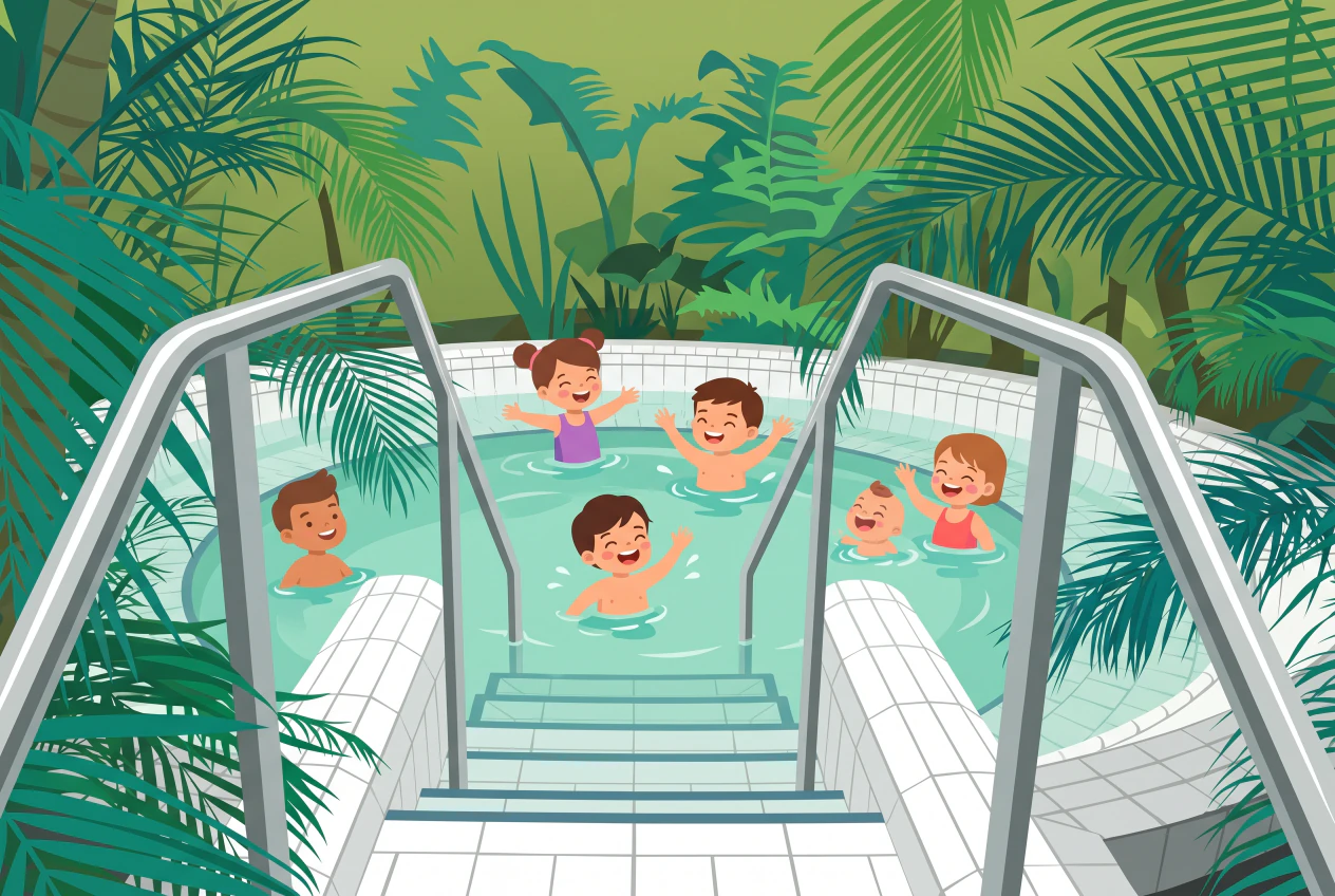 Illustration plate des Bains de Cressy a Confignon: bassin thermal rond en eau teal chaude, marches carrelees blanches et rampes inox, entoure de plantes tropicales luxuriantes, avec des enfants qui s'amusent dans l'eau