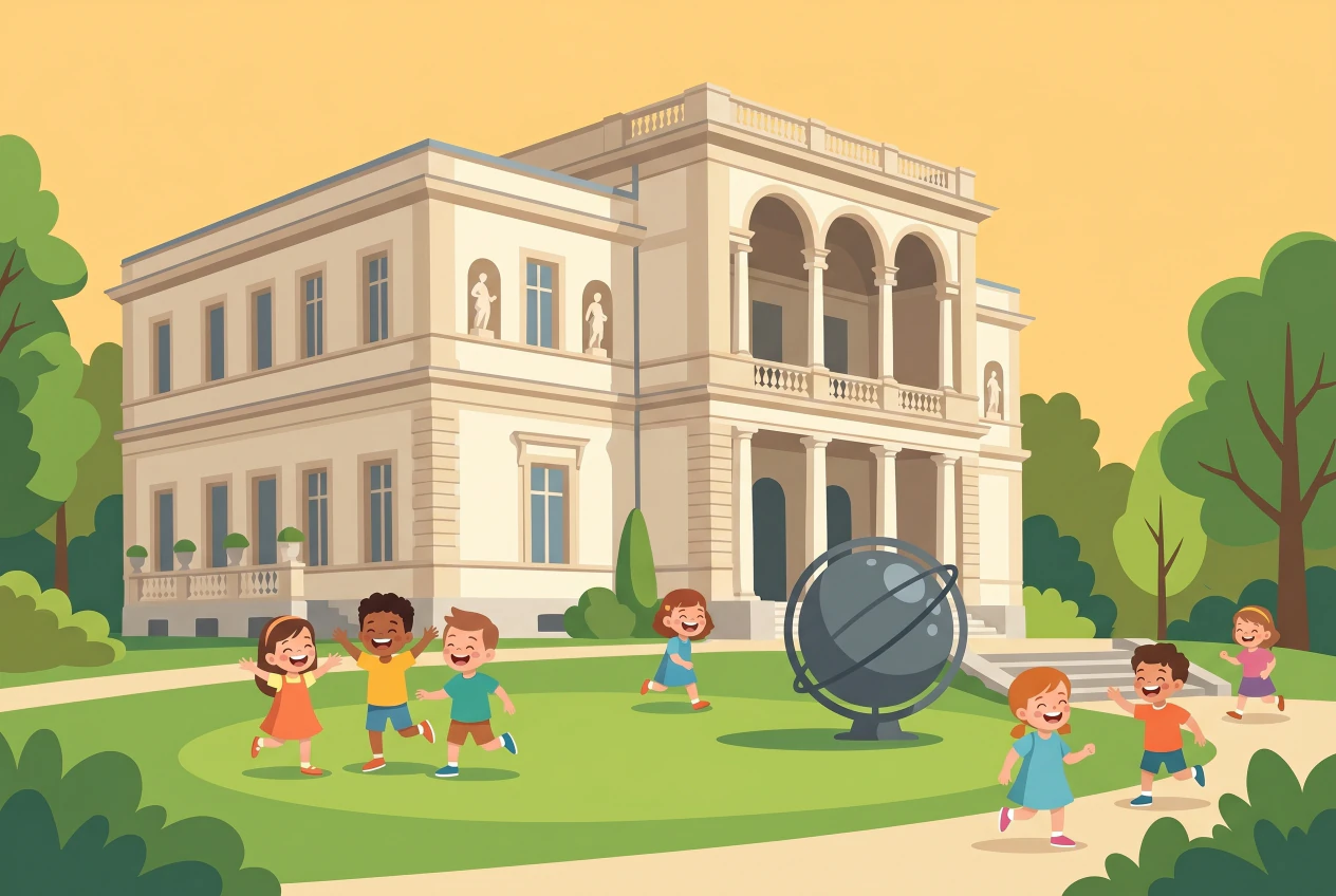 Illustration de la villa Bartholoni du Musee d'Histoire des Sciences de Geneve, avec son loggia a arches et son globe astronomique, entouree du parc ou des enfants jouent