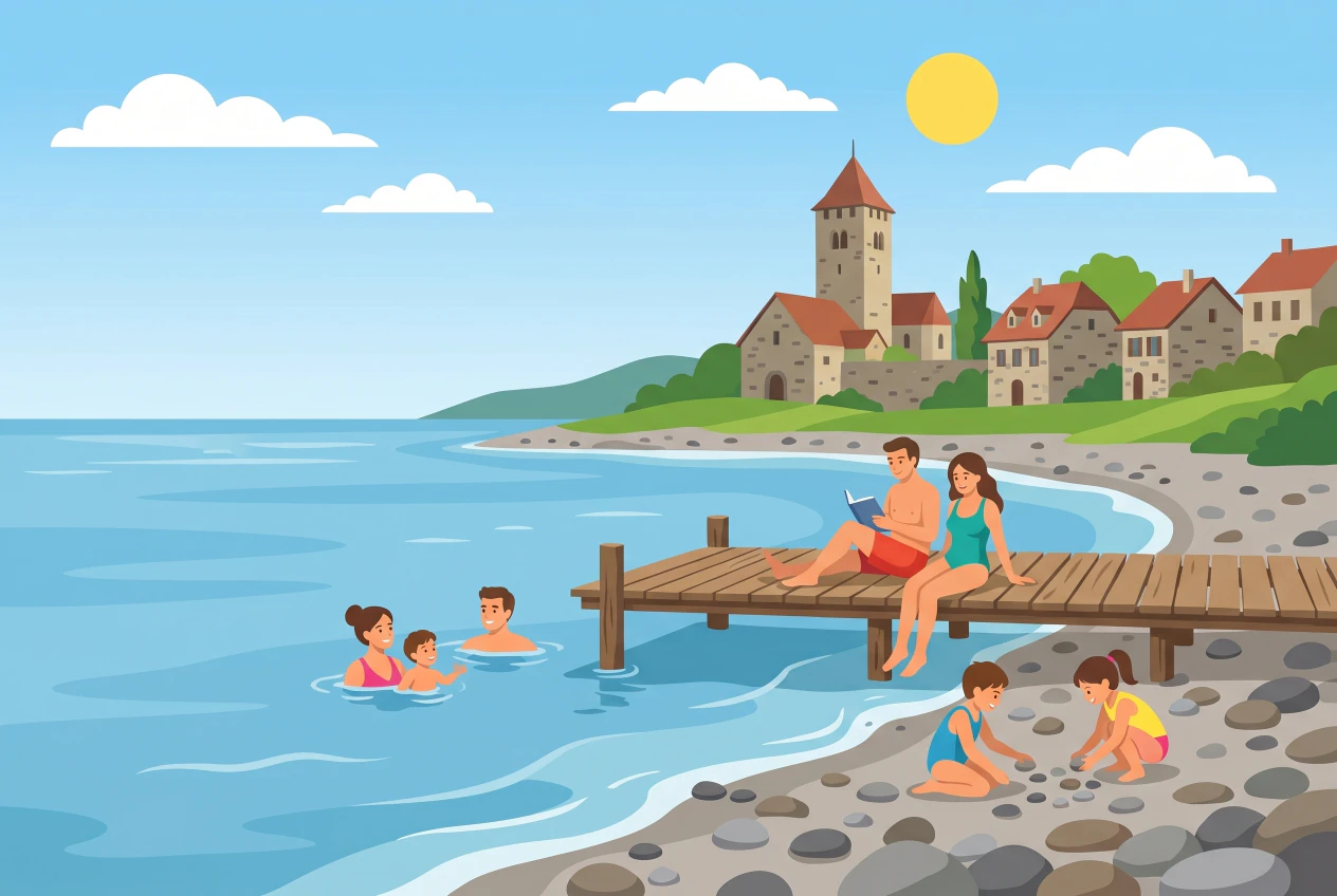 Illustration plate de Bain des Dames a Saint-Prex, crique de baignade au bord du lac avec plate-forme en bois