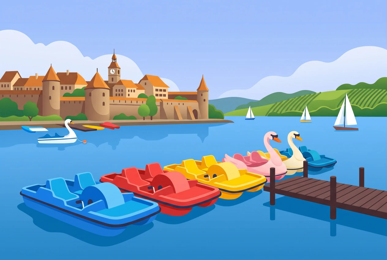 Illustration de pédalos colorés sur le lac de Morat, au pied de la vieille ville médiévale