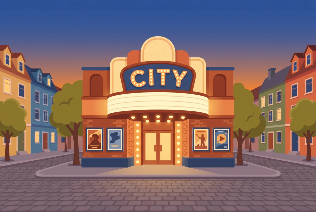 Illustration de la facade du cinema Le City a Geneve, enseigne lumineuse CITY et affiches sur une place pavee au crepuscule