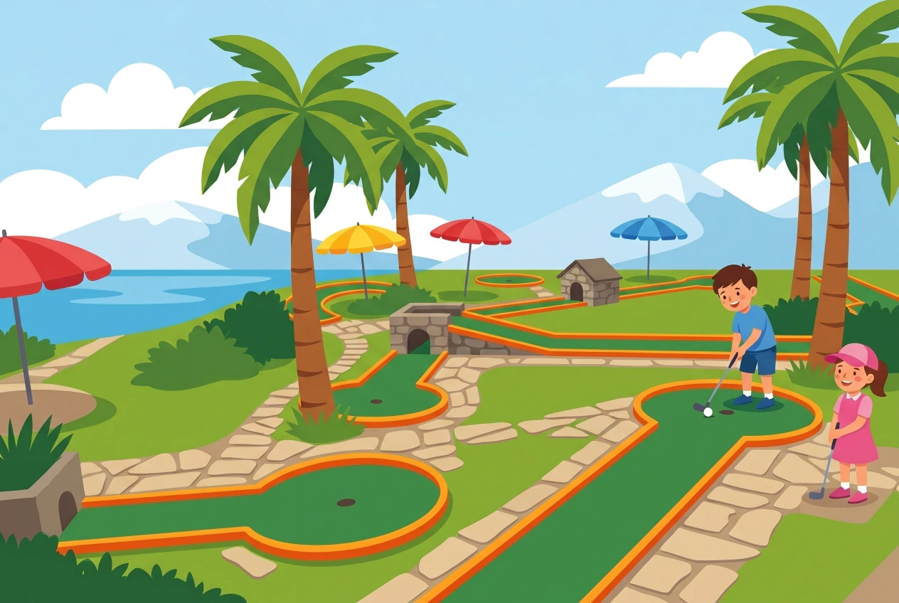 Illustration du Mini-Golf de Montreux : parcours de minigolf en plein air aux pistes vertes bordées d'orange, palmiers et parasols colorés, avec le lac Léman et les Alpes en arrière-plan, deux enfants jouant au minigolf.