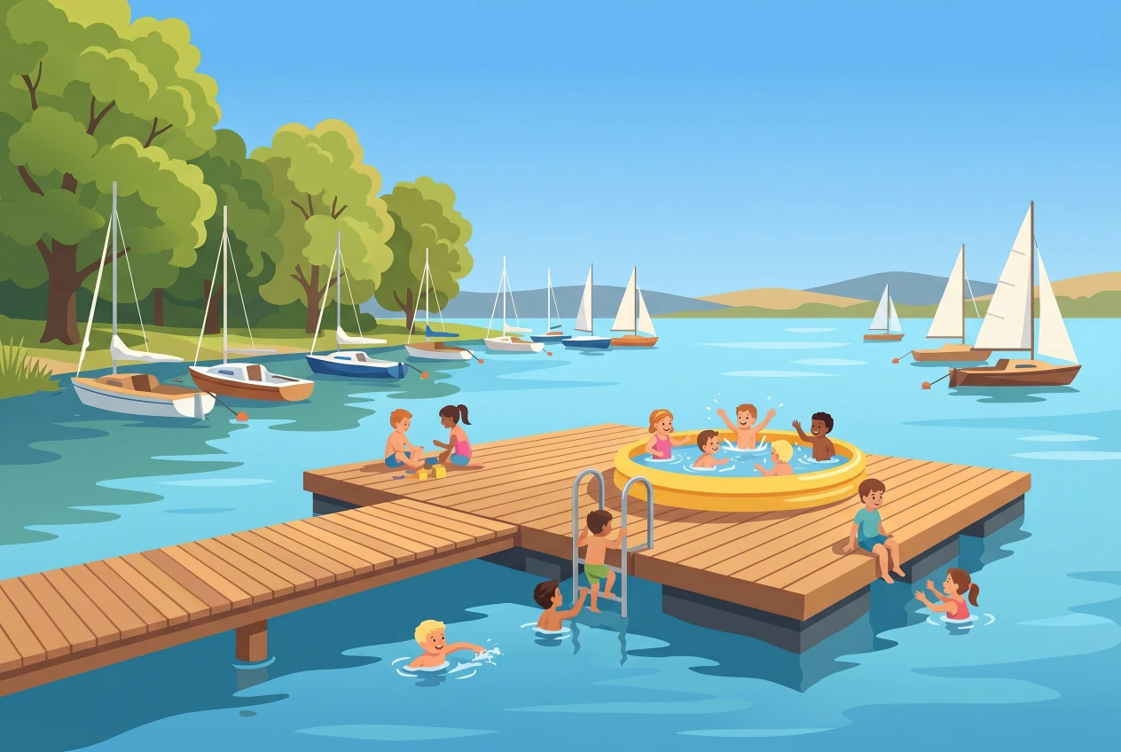 Illustration plate of the Bains de Saugy in Genthod: wooden pontoon and floating platform on Lake Geneva, small wading pool for toddlers, swimming ladder, moored sailboats and hills in the distance, with children swimming in the sun.