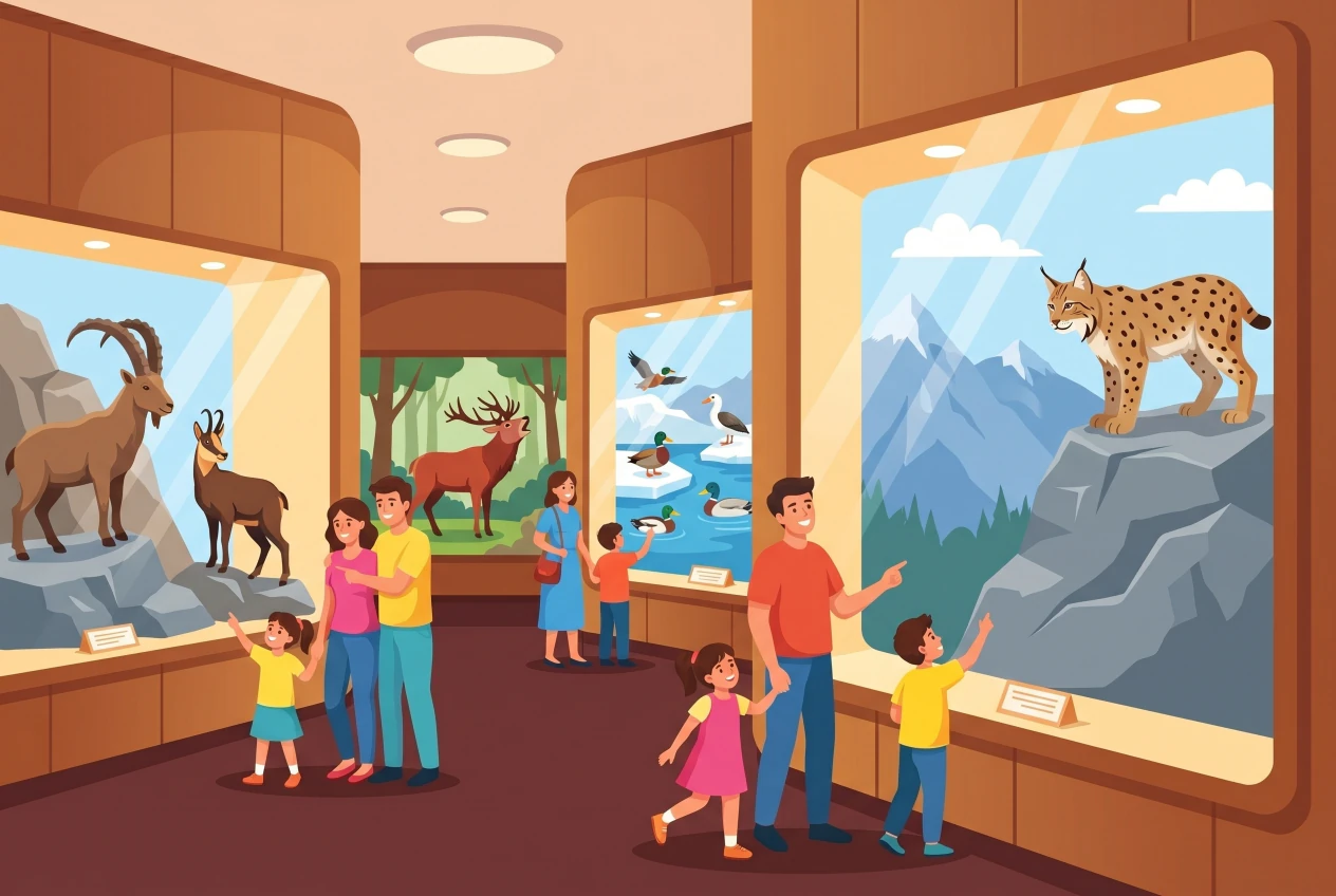 Illustration of the interior of the Neuchâtel Natural History Museum: large bright display cases showcasing dioramas of Swiss alpine wildlife (lynx, ibex, chamois, deer, birds) that families and children admire.