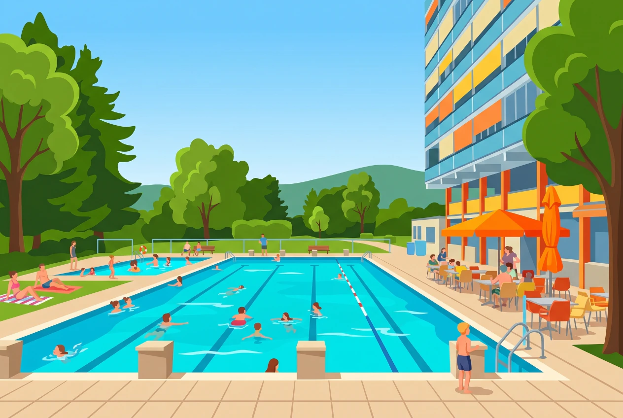 Illustration de la piscine extérieure des Ailes à Cointrin (Meyrin) : grand bassin de natation turquoise, petit bassin pour enfants, terrasse à parasols orange et pelouses où des familles se détendent.