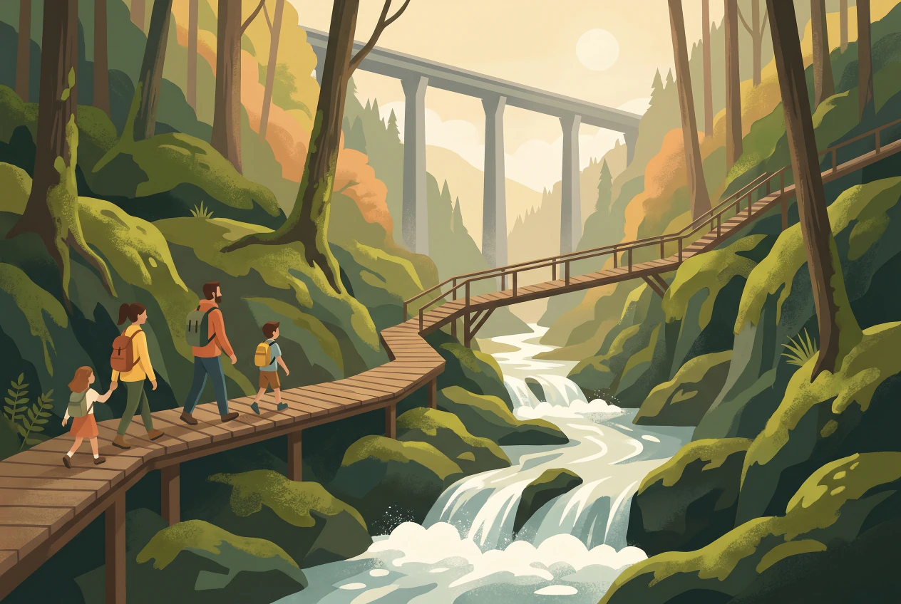 Illustration des Gorges du Chauderon à Montreux : sentier de montagne avec escaliers et passerelles le long du torrent à cascades, famille en randonnée