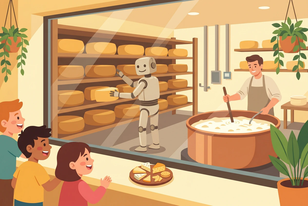 Illustration plate de Fromagerie Gourmande a Montricher, enfants observant la fabrication du Gruyere et une cave robotisee