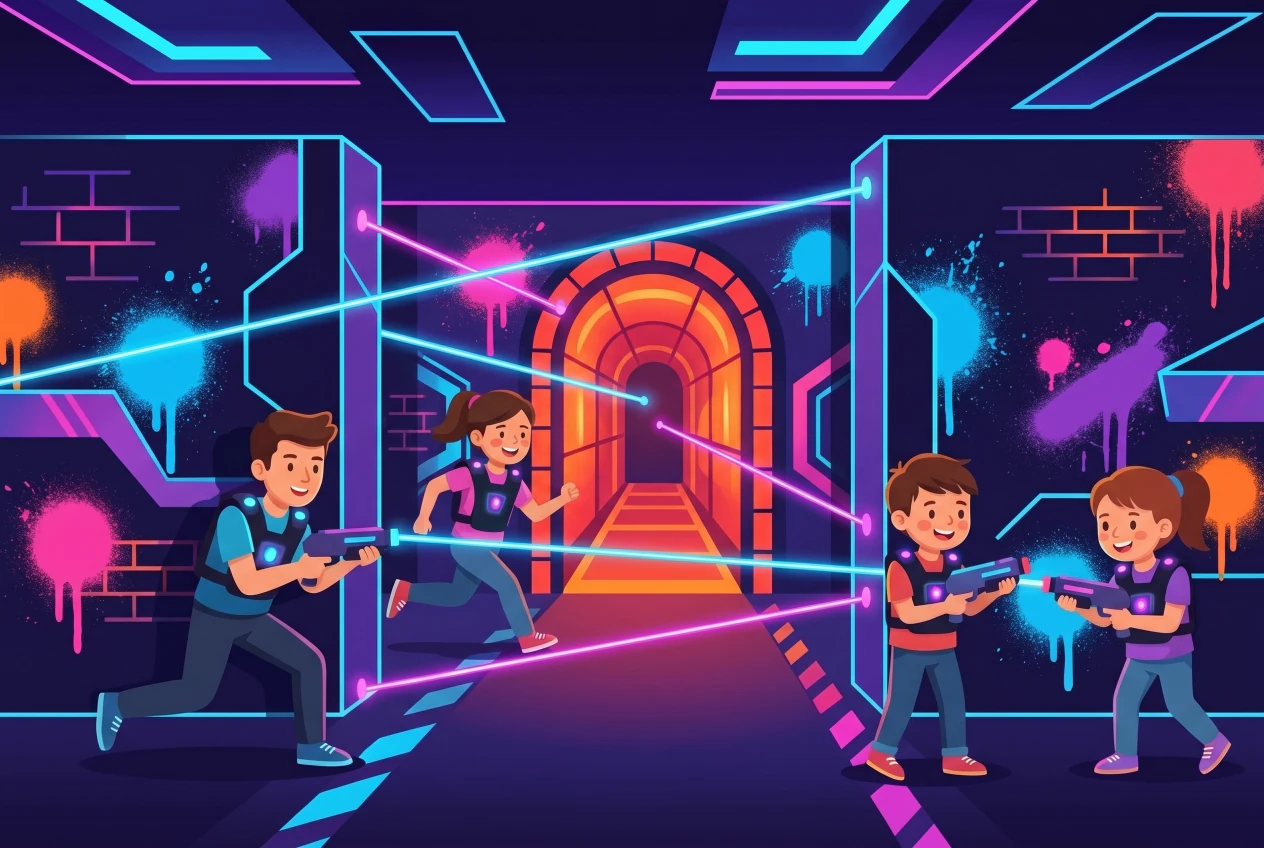 Illustration du Laser Game Evolution de Villeneuve : enfants en gilets lumineux jouant dans un labyrinthe futuriste sombre aux néons, avec un tunnel arche orange et des faisceaux laser