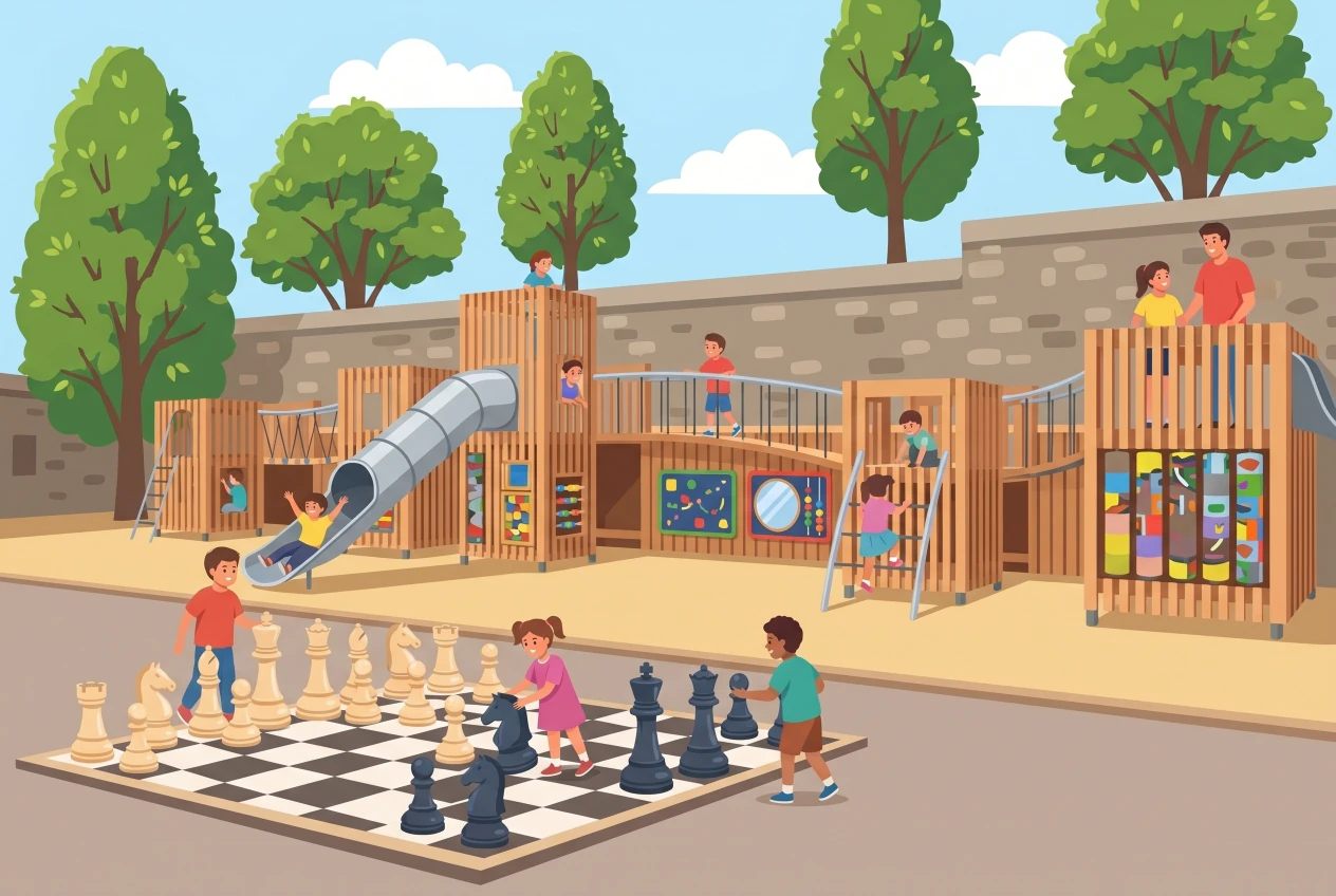 Illustration de l'aire de jeux du Parc des Bastions à Genève, échiquier géant