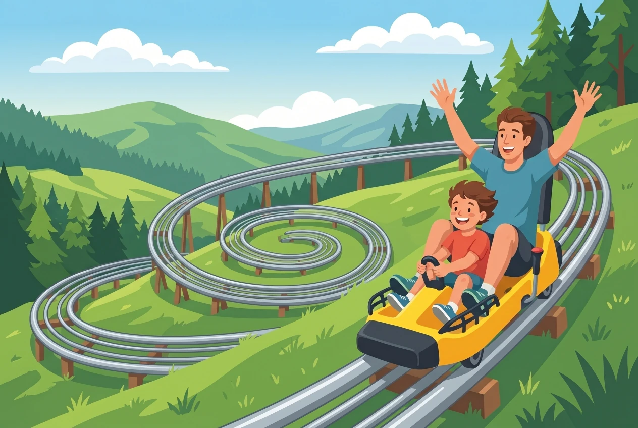 Illustration de la Luge Féeline de La Robella à Buttes : une luge jaune deux places sur rails métalliques serpentant dans la pente verte du Val-de-Travers, un adulte et un enfant souriants à bord, forêts et collines du Jura en arrière-plan.