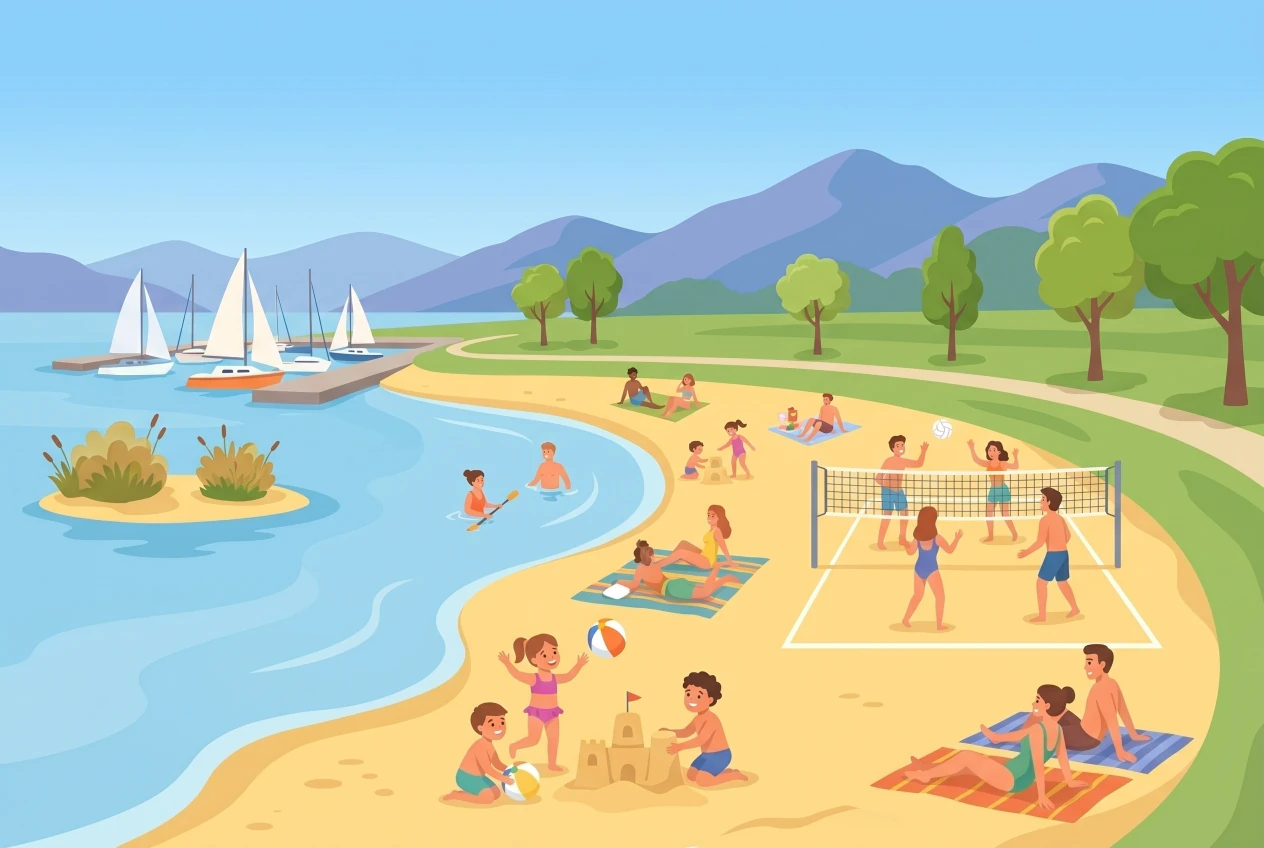 Illustration de la plage de Portalban à Delley-Portalban au bord du lac de Neuchâtel : plage de sable fin, familles qui se baignent, terrain de beach-volley, port avec voiliers et pelouse arborée