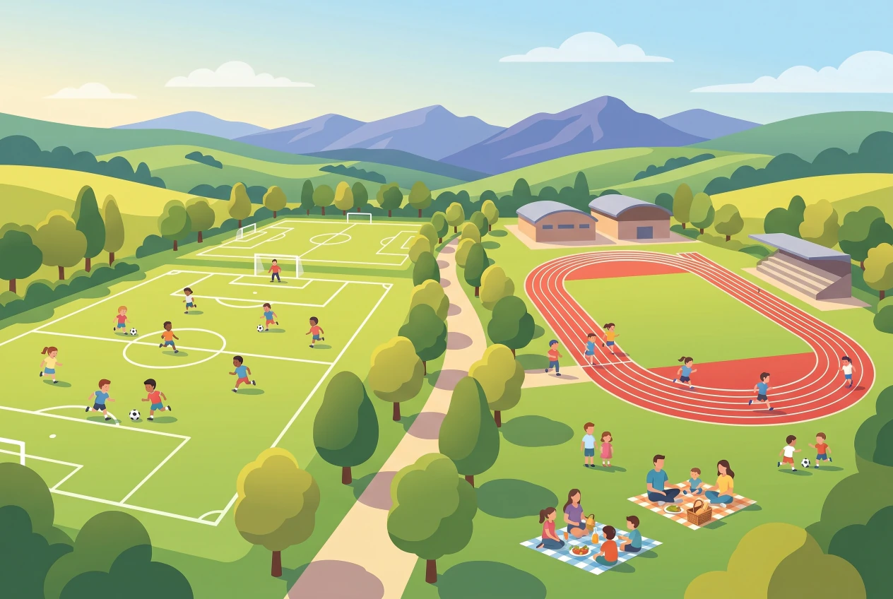 Illustration plate du Centre des Evaux à Onex : grand parc vert avec terrains de football, piste d'athlétisme rouge, allées arborées et collines du Jura, où des enfants jouent au ballon, courent et pique-niquent en famille