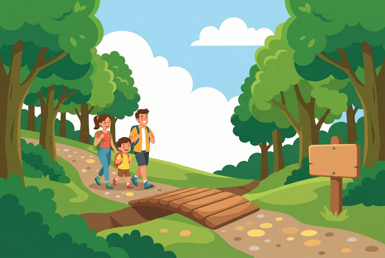 Illustration du Sentier du Bas des Côtes entre Genolier et Givrins : chemin forestier avec petit pont de bois et panneau didactique, dans un sous-bois verdoyant, une famille en balade.
