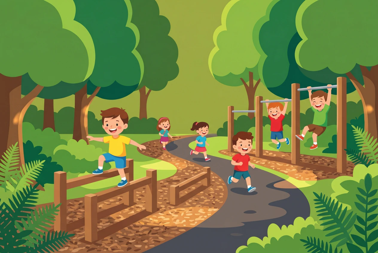 Illustration plate du Parcours Vita de Bellevue: enfants joyeux qui courent, gardent l'equilibre sur des poutres en bois et se suspendent aux barres d'un agres en bois, le long d'un sentier de copeaux et de bitume en pleine foret verte.