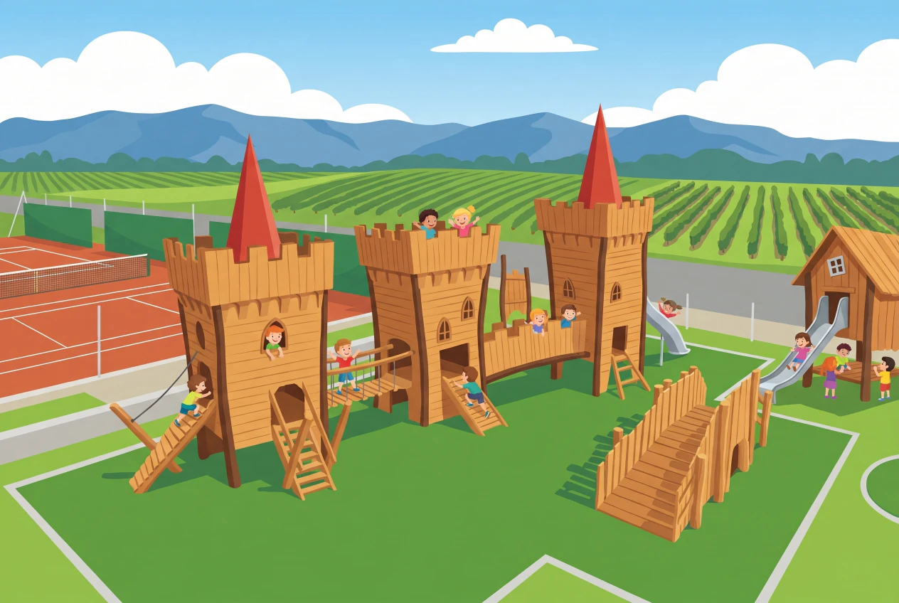 Illustration de la place de jeux du Centre sportif de Founex : grand château en bois à trois tours, ponts et toboggans, courts de tennis et vignes en arrière-plan, enfants qui jouent
