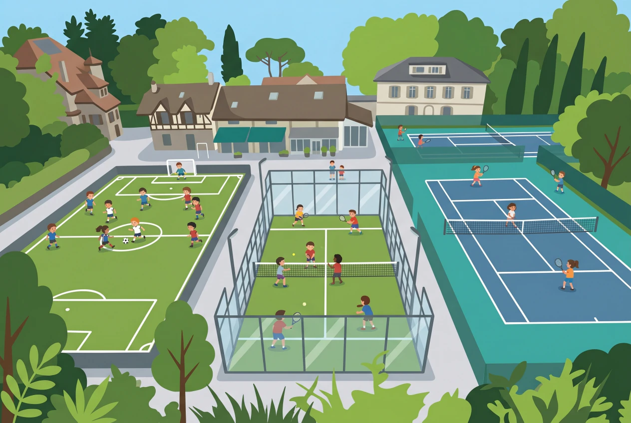 Illustration plate du Centre Sportif Universitaire de Champel a Geneve: vue aerienne avec terrain de foot, court de padel vitre et courts de tennis bleus, entoures d'arbres, des enfants jouant.