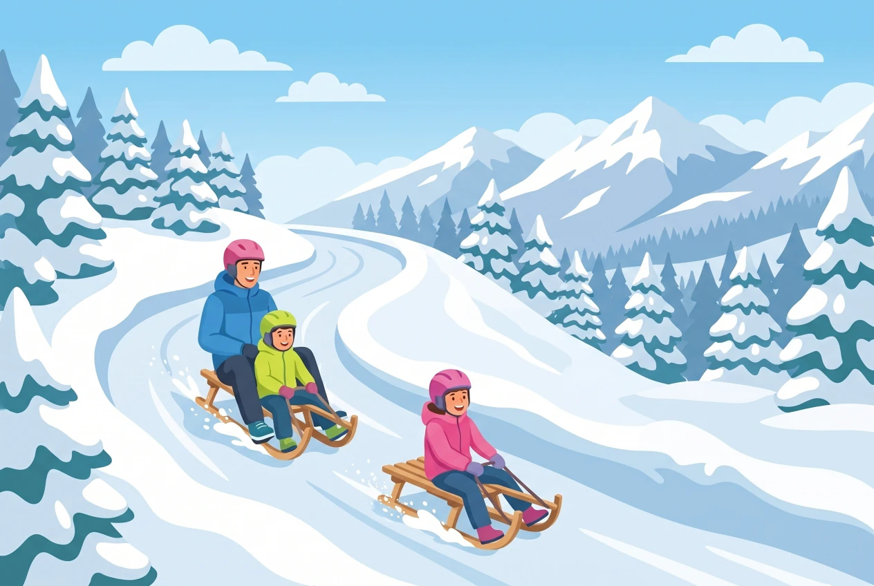 Illustration de la piste de luge des Diablerets : une famille casquée dévale une longue piste de neige sur des luges en bois type Davos à travers une forêt enneigée, Alpes vaudoises en fond