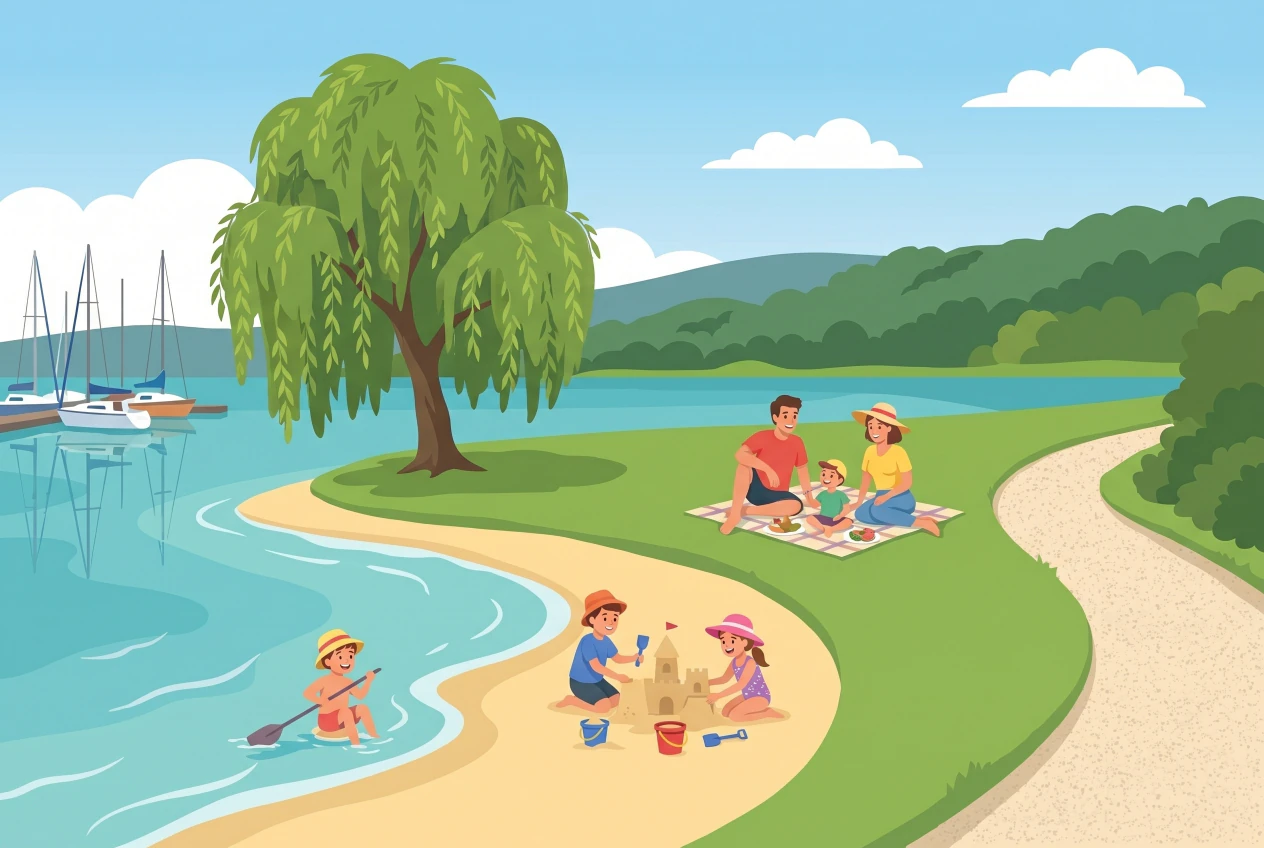 Illustration de la plage du Nouveau Port au Landeron au bord du lac de Bienne