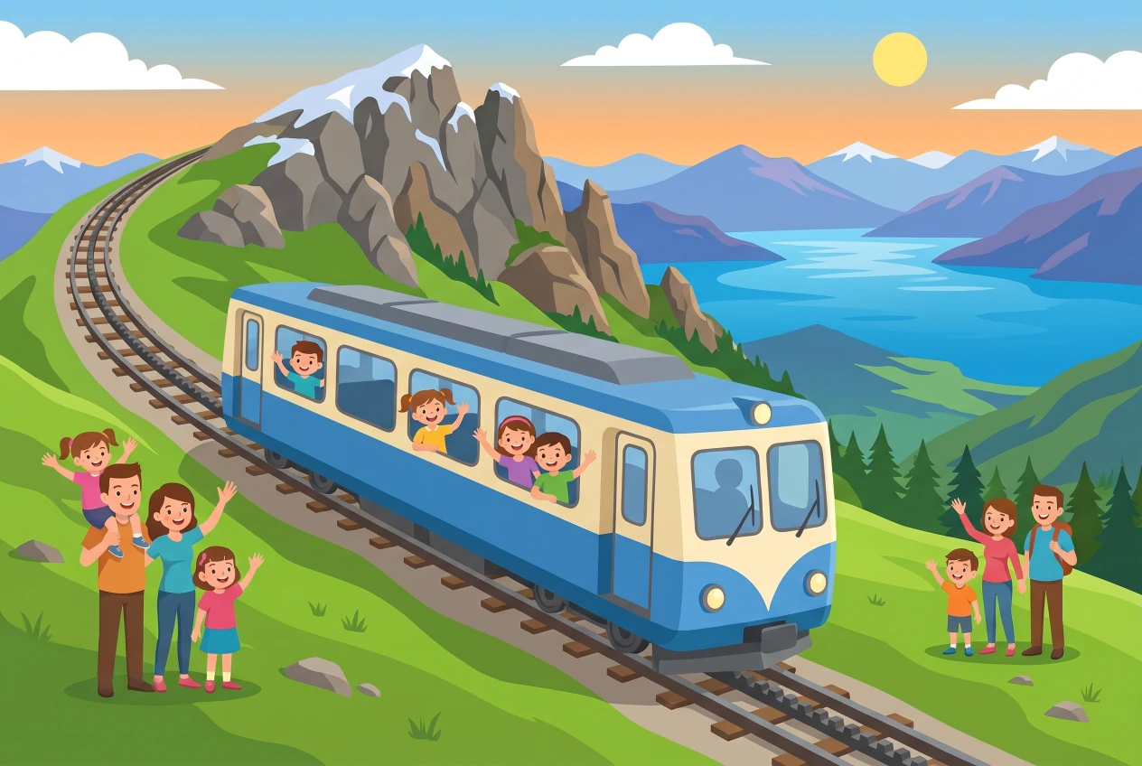 Illustration plate du train à crémaillère bleu et crème MOB grimpant vers le sommet rocheux des Rochers-de-Naye, avec des familles qui saluent et le panorama du lac Léman