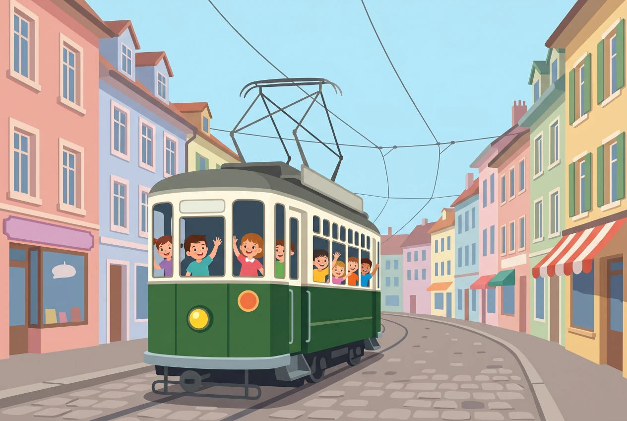 Illustration plate d'un tram historique vert et crème des années 1920 traversant une rue pavée de la vieille ville de Carouge à Genève, avec des enfants joyeux qui saluent par les fenêtres