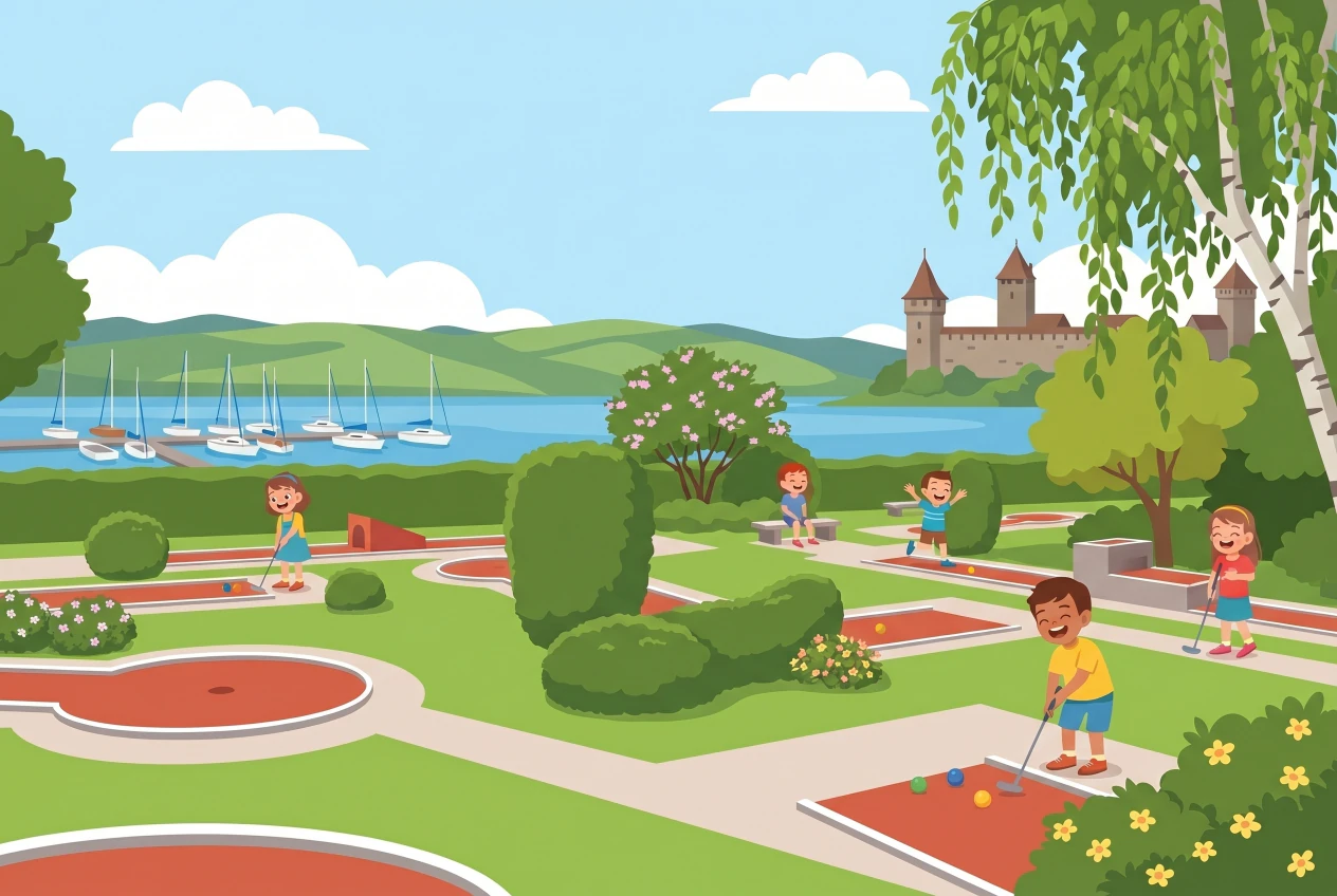 Illustration du minigolf de Morat en plein air, avec ses pistes au bord du lac, la marina et ses voiliers, et les tours de la vieille ville médiévale en arrière-plan, des enfants jouant joyeusement