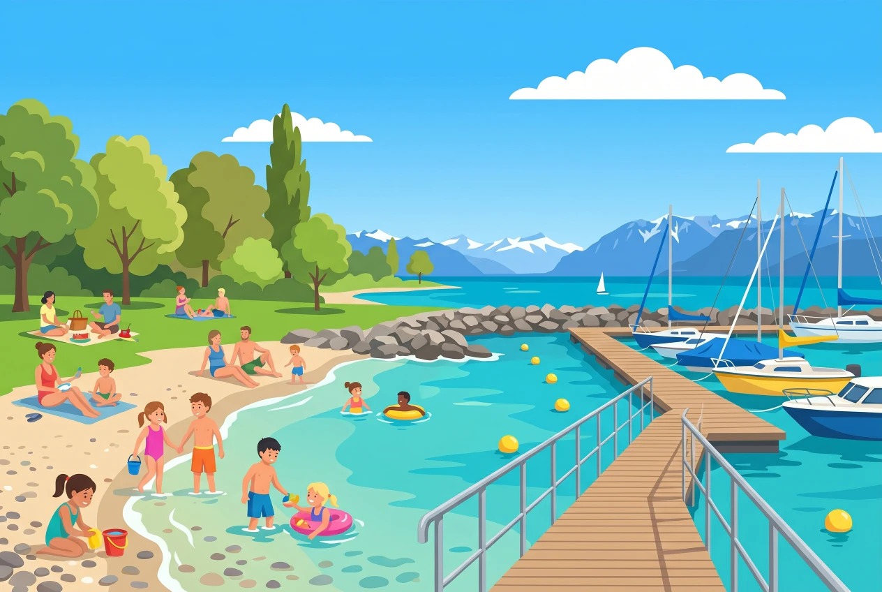 Illustration plate de la plage de Céligny au bord du lac Léman : plage de galets et sable, eau turquoise peu profonde où des enfants se baignent, pelouse ombragée avec familles, petit port avec ponton et bateaux, bouées jaunes et montagnes à l'horizon.