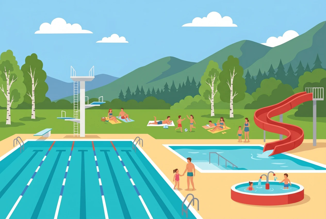Illustration de la piscine de plein air de Bulle, grand bassin et toboggan face aux Préalpes