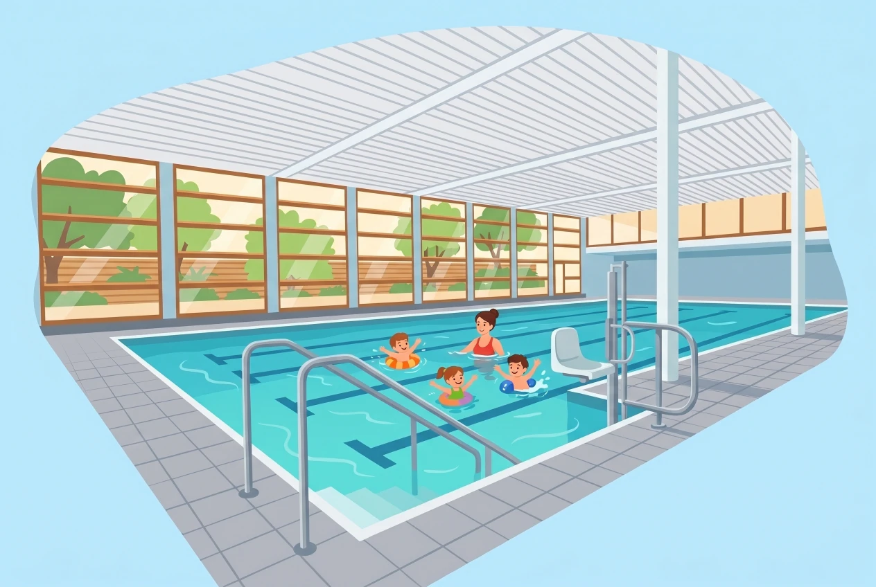 Illustration de la piscine couverte de Pully : un bassin intérieur chauffé de 25 mètres baigné de lumière par de grandes baies vitrées, avec un parent et des enfants qui nagent et jouent dans l'eau chaude