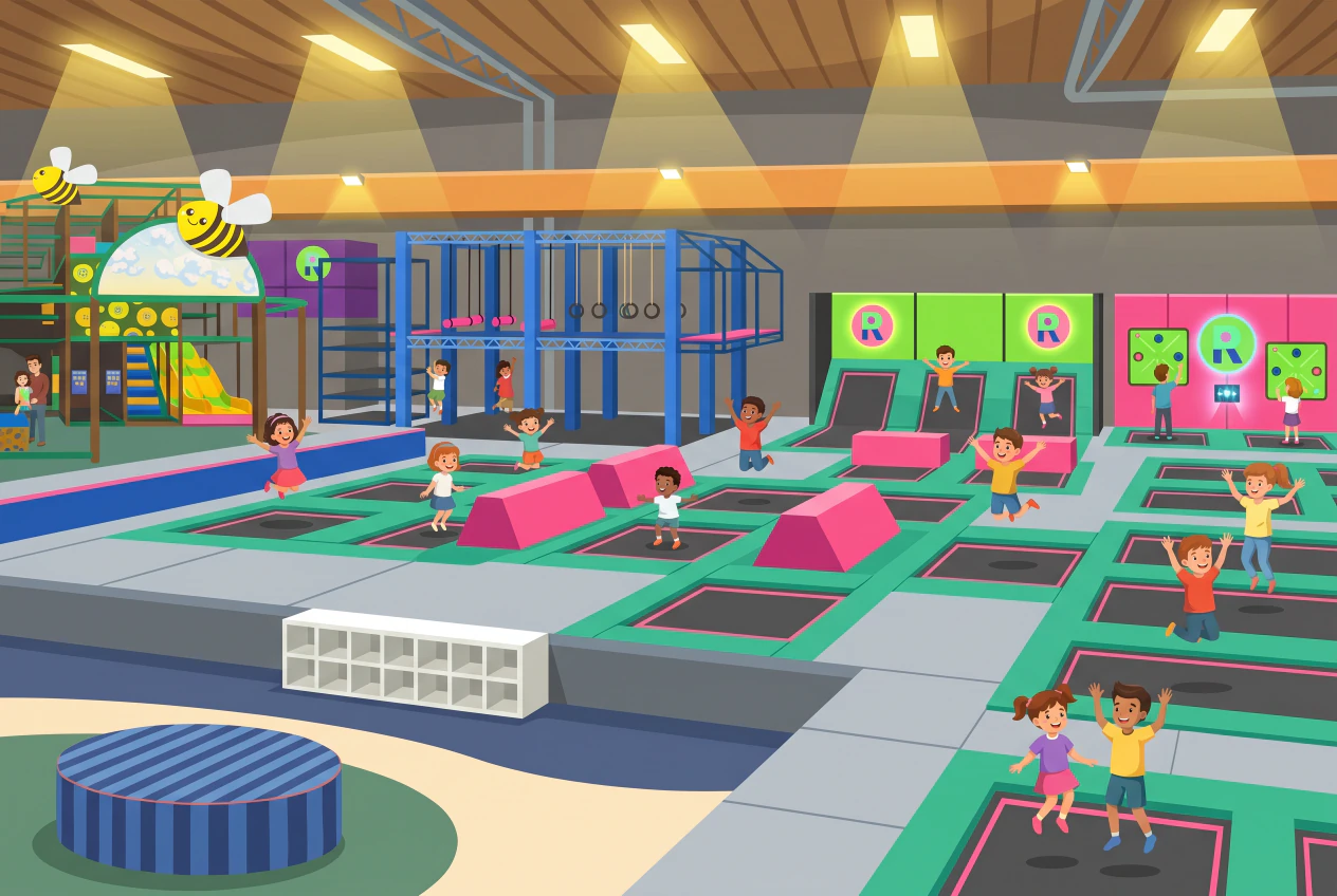 Illustration du parc indoor La Ruche by FriBowling à Granges-Paccot : grand parc de trampolines verts et roses, structure ninja bleue, murs interactifs et espace de jeux pour enfants, avec des familles qui sautent