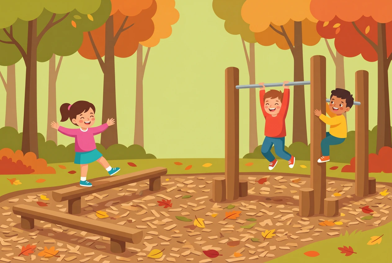Illustration plate du Parcours Vita de Versoix: des enfants jouent dans une forêt d'automne sur les stations d'exercices en bois, poutres d'équilibre et barres de suspension, au sol couvert de copeaux et de feuilles.