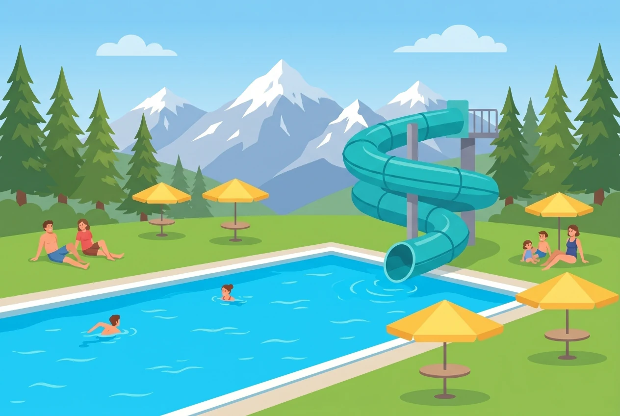 Illustration de la piscine du Sporting à Crans-Montana, bassin de plein air face aux Alpes