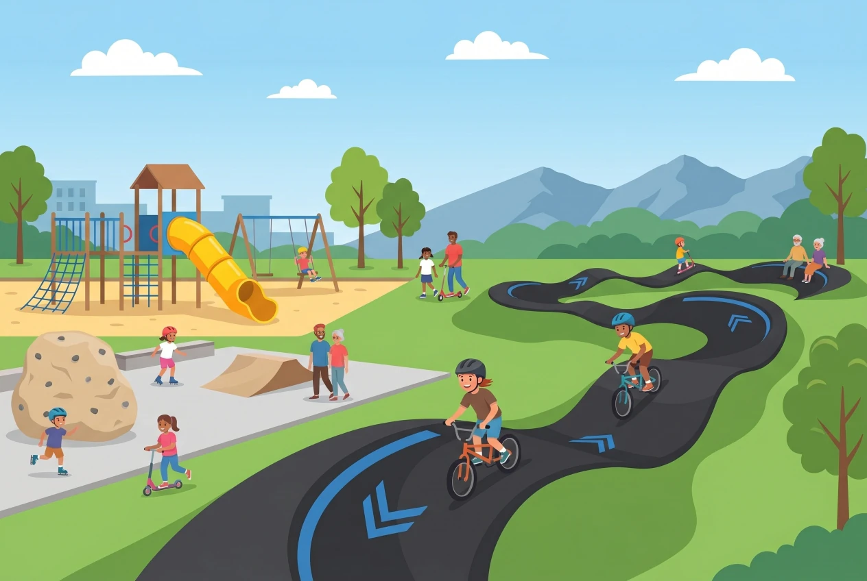 Illustration du Parc du Boulodrome à Carouge, place de jeux et pump track