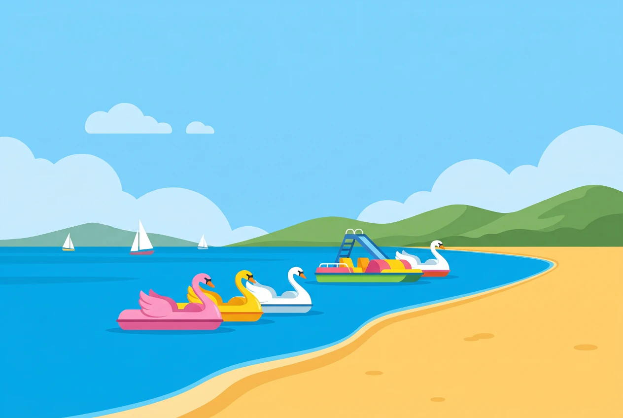 Illustration de pédalos colorés au bord de la plage de sable d'Yvonand, lac de Neuchâtel
