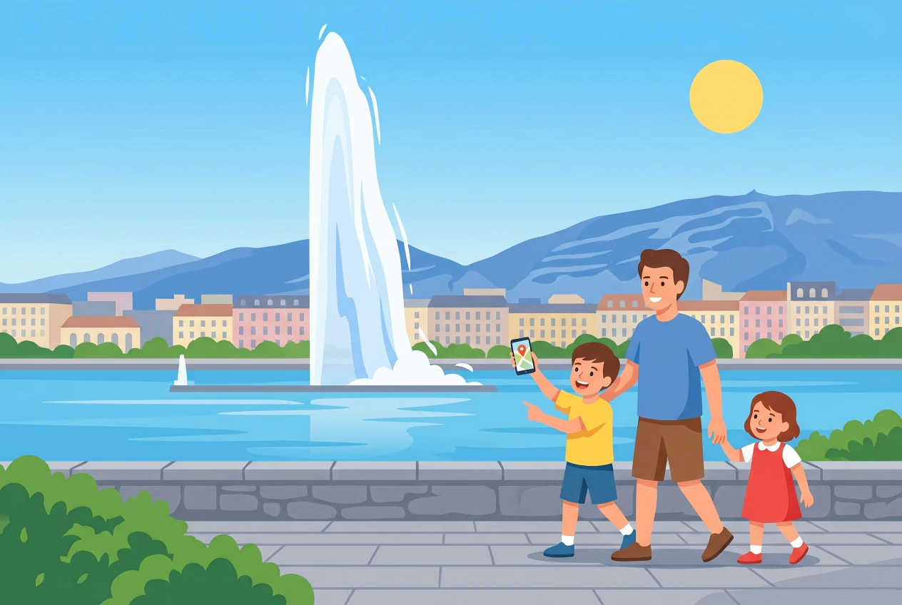 Illustration plate du Jet d'eau de Genève sur le lac Léman, avec une famille en plein jeu de piste urbain: un enfant pointe son smartphone vers la fontaine le long de la promenade du bord du lac.